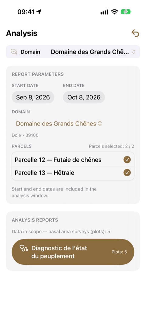 The Analysis screen: the period, the domain, the ticked parcels, then the number of plots available and the Diagnostic button.