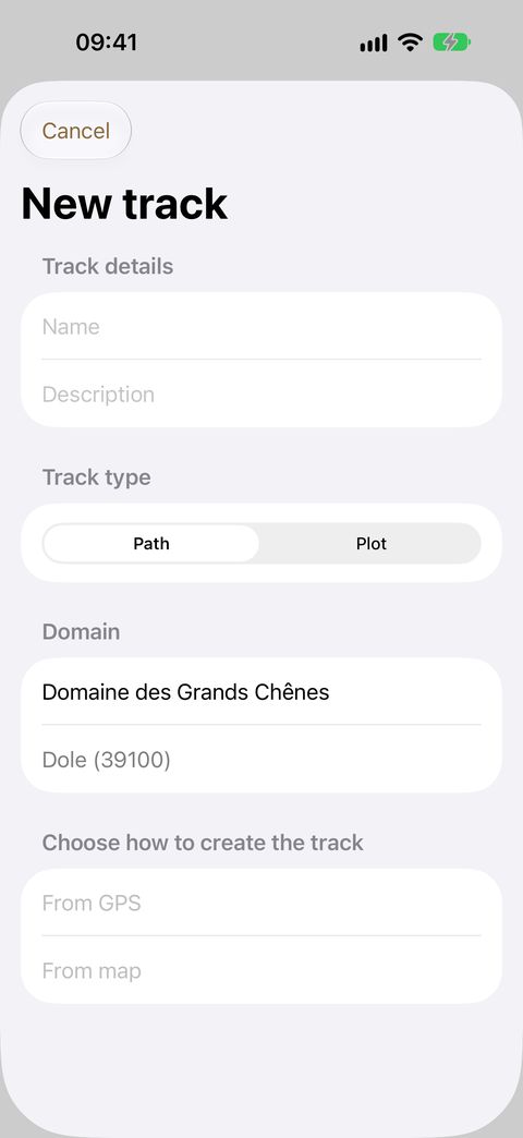 The New track window: name, type (Path or Plot), domain, then the input method — From GPS by walking, From map with your finger.