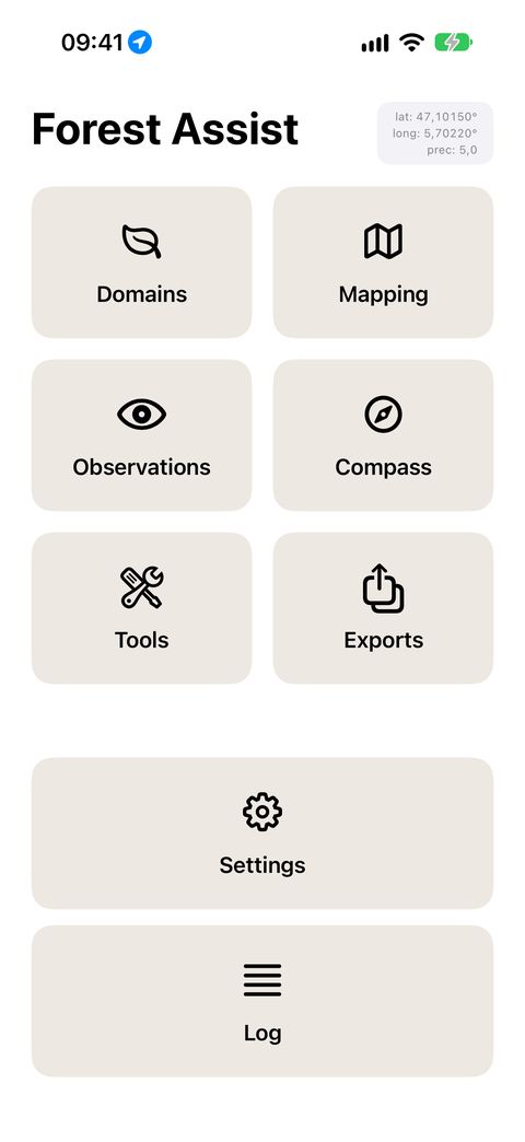 The home screen: the GPS badge at the top right, the modules as tiles, Settings and Log at the bottom.