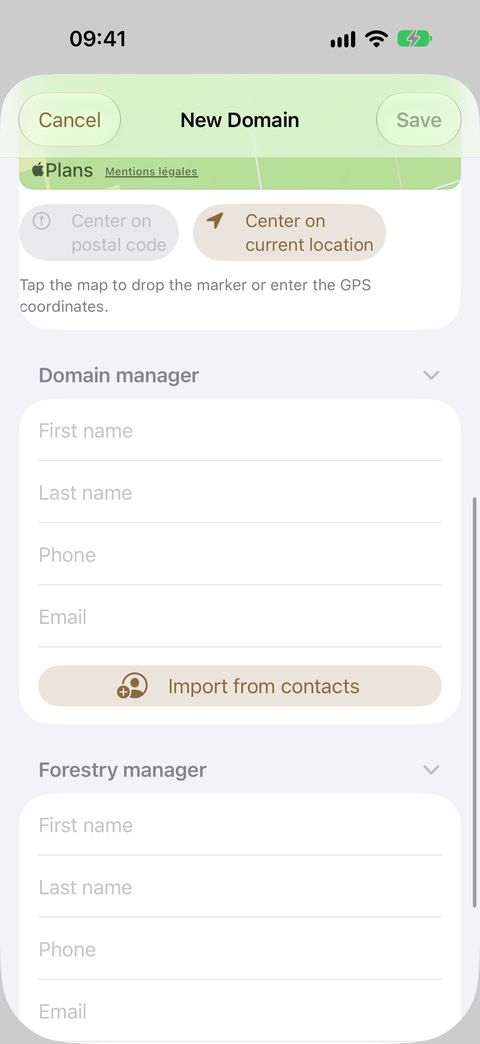 The Domain manager and Forestry manager cards, each with its Import from contacts button.