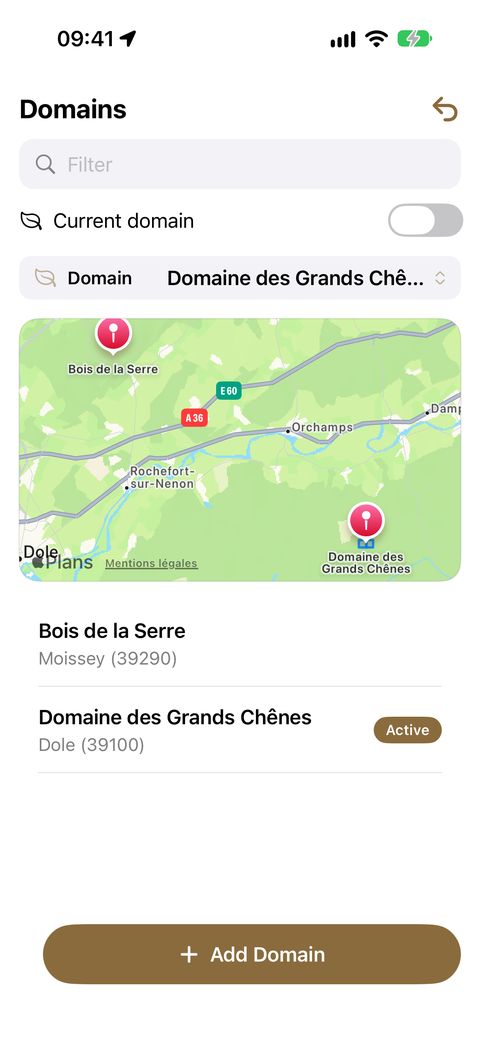 The Domains screen: the search field and the Selected domain toggle at the top, the map with each domain's marker, then the list — the active domain carries the Active badge.