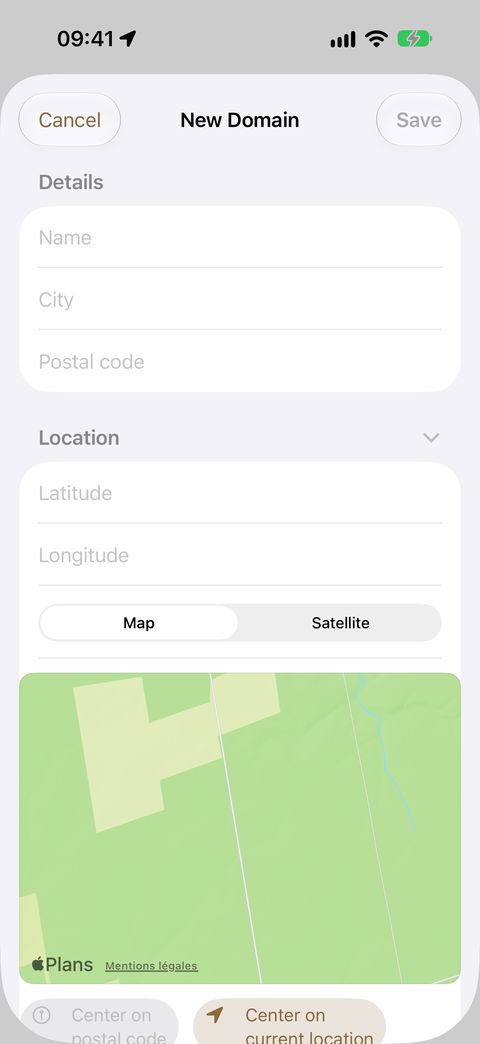 A domain's form, Location section: editable coordinates, Map or Satellite view, marker placed with your finger.
