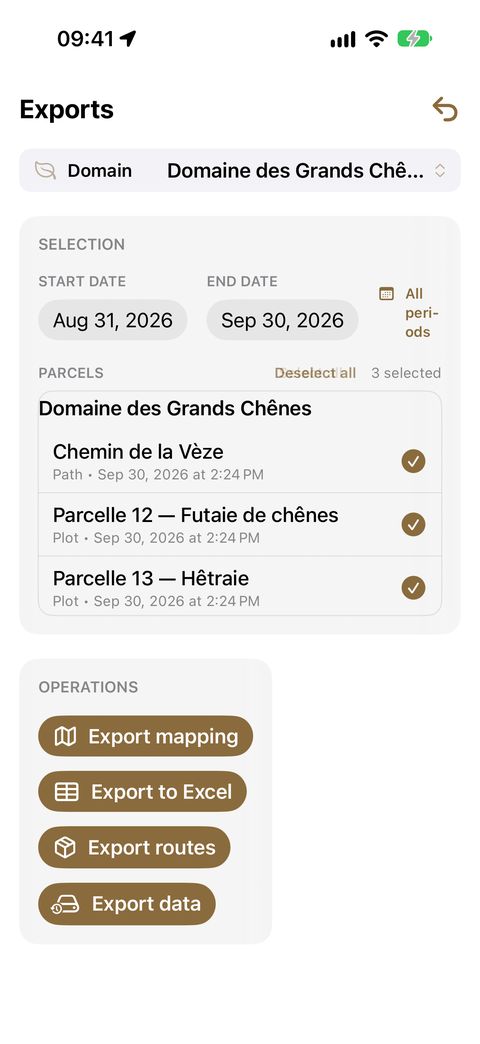 The two sections of the Exports screen: SELECTION at the top (domain, dates, ticked parcels), OPERATIONS below — mapping and Excel become active as soon as a parcel is ticked.
