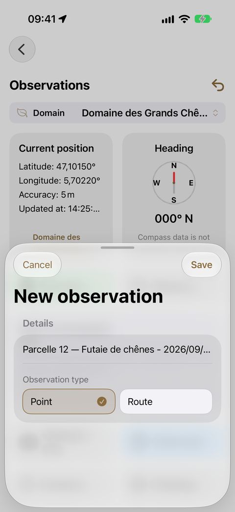 The New observation window: the title suggested from the parcel, and the choice of type — Point or Route.