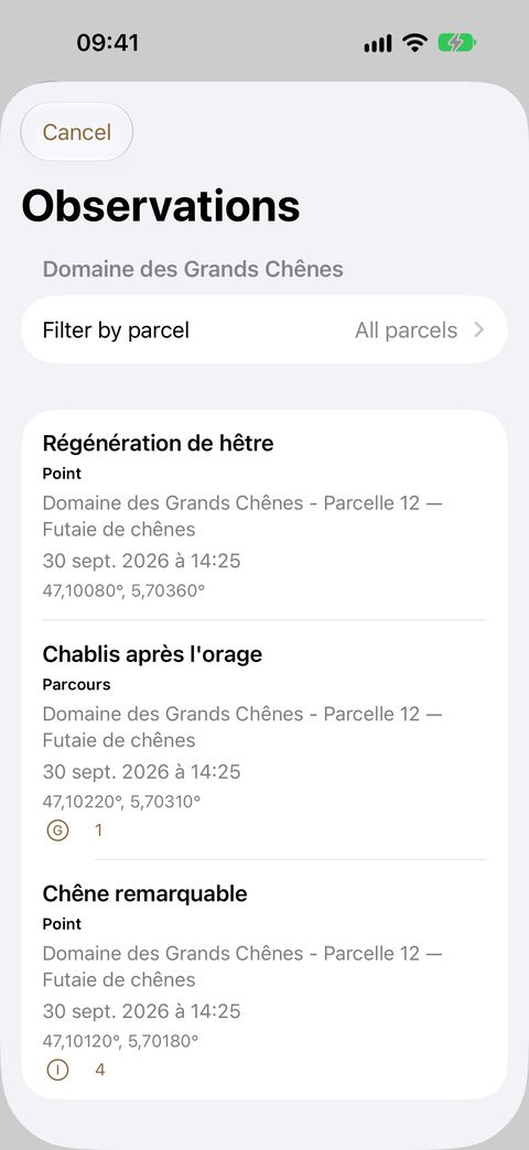 On the left, Observation history and its parcel filter; on the right, the detail of an observation: its sheet, its assignment, then the collected items grouped by date.