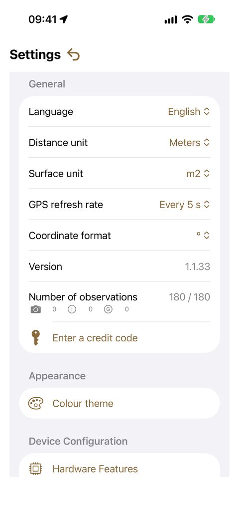 The General section of Settings: language, units, coordinate format, and the Number of observations line showing your credit balance.