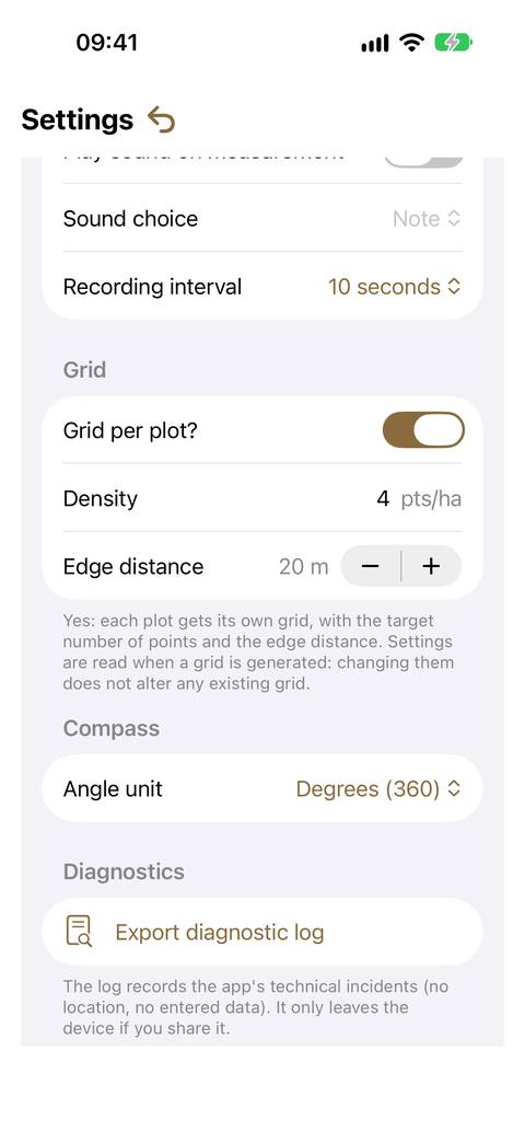 The Mapping and Grid sections: feedback at each point recorded, recording interval, then Grid per plot?, Density and Edge distance.