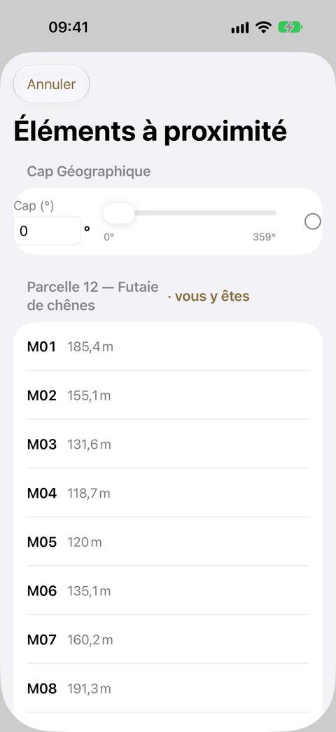 La liste Éléments à proximité : le cap géographique en tête, puis les points de maillage à moins de 200 m, groupés par parcelle, avec leur distance.
