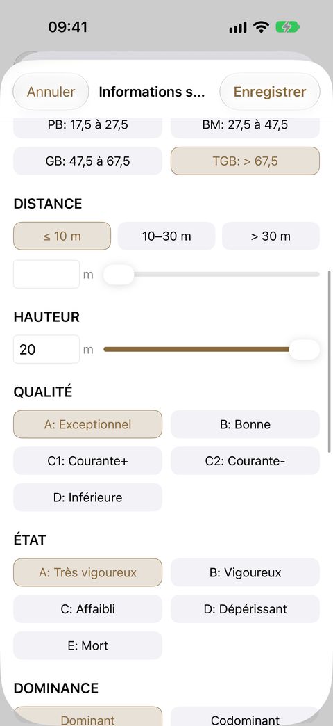 La fiche Informations sur l'inventaire, la photo attachée en tête : type d'arbre, essence et stade, puis diamètre, distance, hauteur et la nouvelle échelle de qualité.