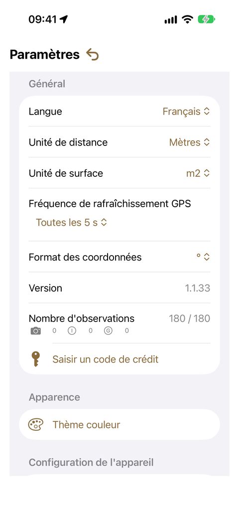 La section Général des Paramètres : langue, unités, format de coordonnées, et la ligne Nombre d'observations qui porte votre solde de crédit.